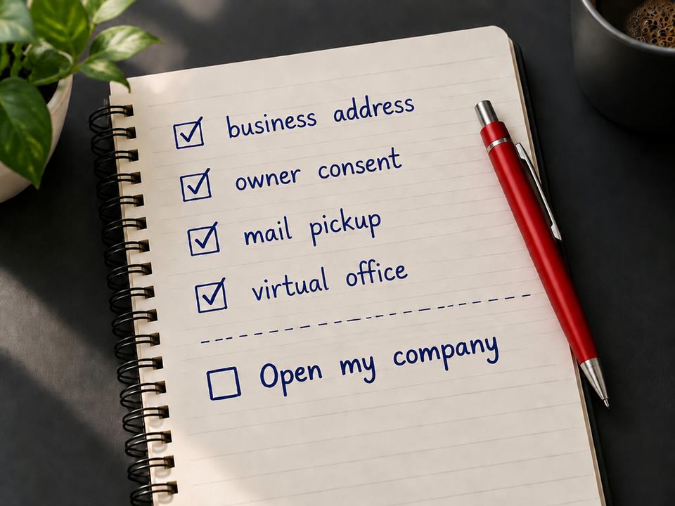 A notebook to-do list for opening a company: the first four items ticked off, the last one still open.
